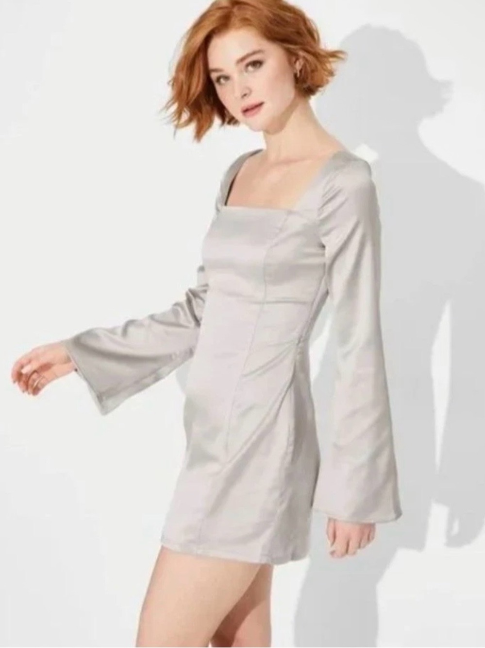 NWT Wild Fable Silver Satin Open Back Long Sleeve Mini Dress Medium